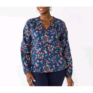 Croft & Barrow Women's Size XL Raglan Popover Blouse Floral Navy Long Sleeve Top